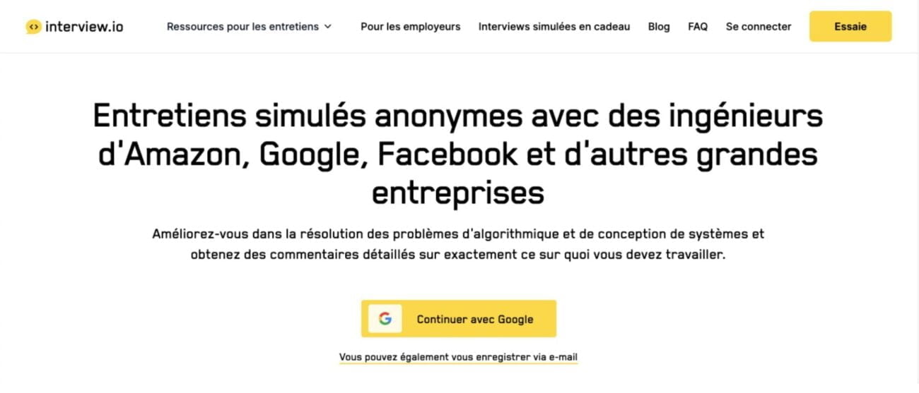 Outils IA pour la recherche d'emploi - interviewing.io