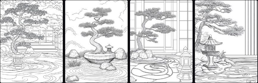 Prompt Midjourney pour Créer un Livre de Coloriage sur les Jardins Zen